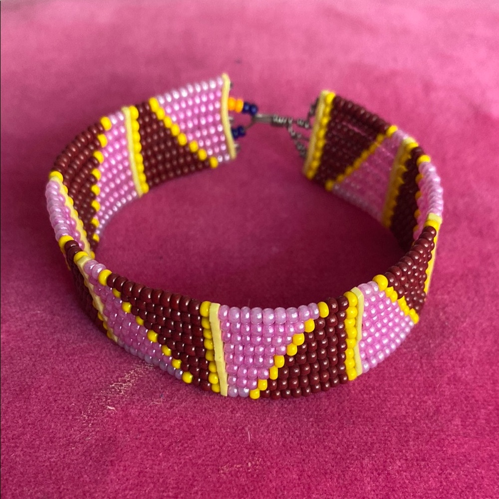 Handcrafted Beaded Bracelet - Pink, Brown, and Yellow